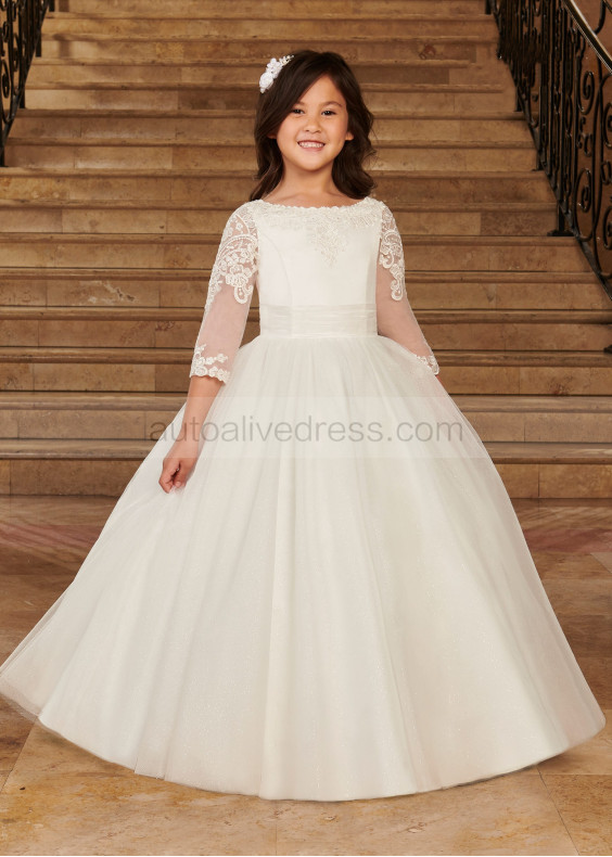 Boat Neck Ivory Lace Glitter Tulle Corset Back Flower Girl Dress Boat Neck Ivory Lace Glitter Tulle Corset Back Flower Girl Dress